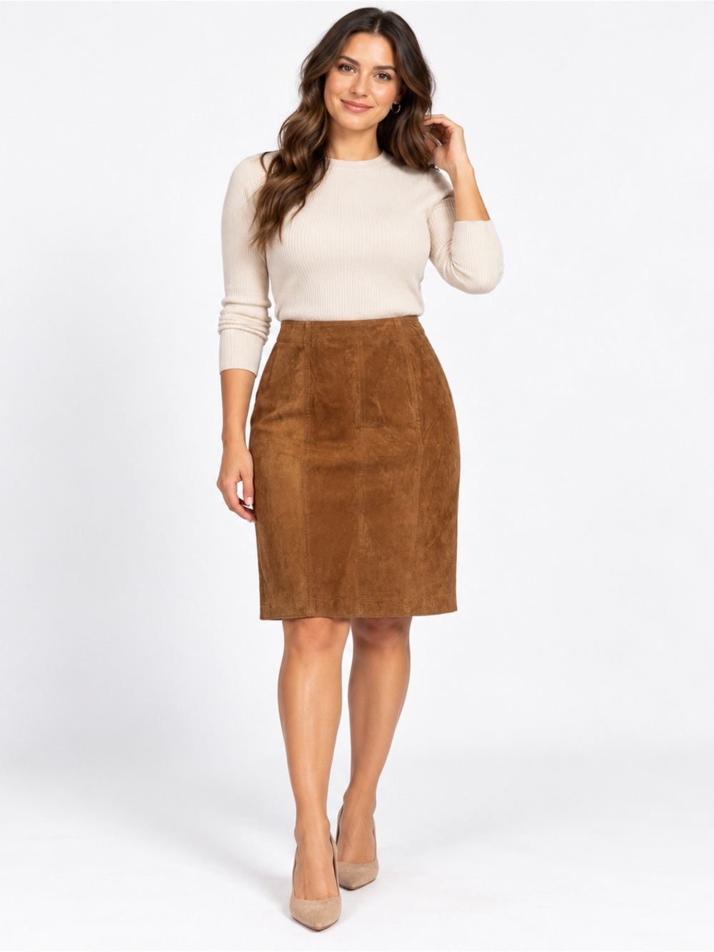 Vintage 90s Brandon Thomas NWT Suede Leather Pencil Skirt Camel 9/10